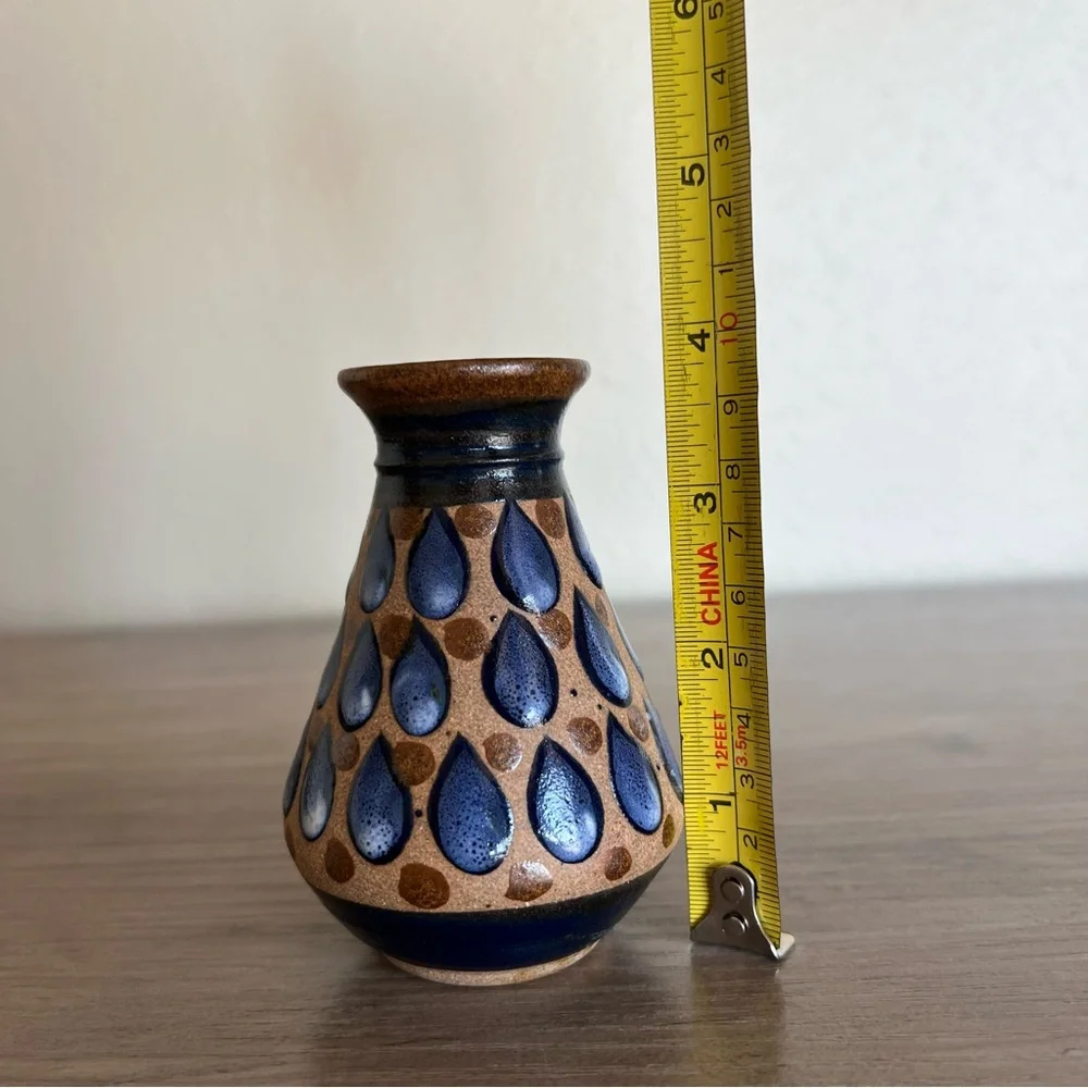 Mexico Clay Mini Vase Mexican Hand Painted Blue Tear Drop Design 3 7/8”H